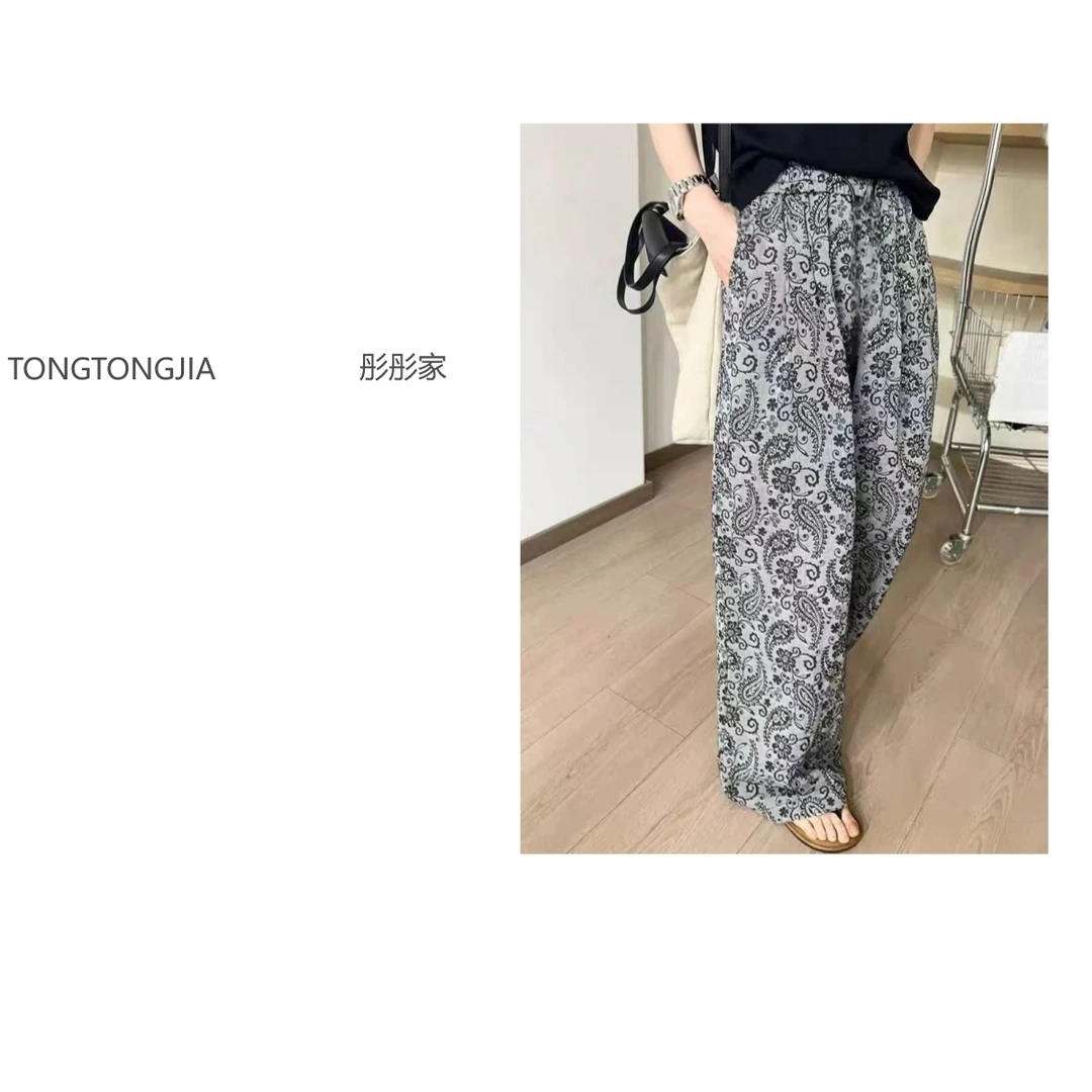 【TONGTONGJIA】欧货2025夏新款松紧腰抽绳提花休闲阔腿裤
