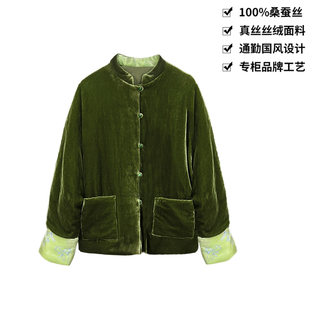 100桑蚕丝丝绒新中式插肩袖保暖秋冬真丝丝绒时尚棉服外套WT100