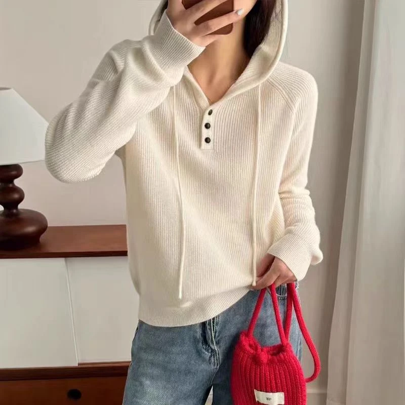 纯色百搭气质连帽衫米白色韩系百搭春季新品针织帽衫女