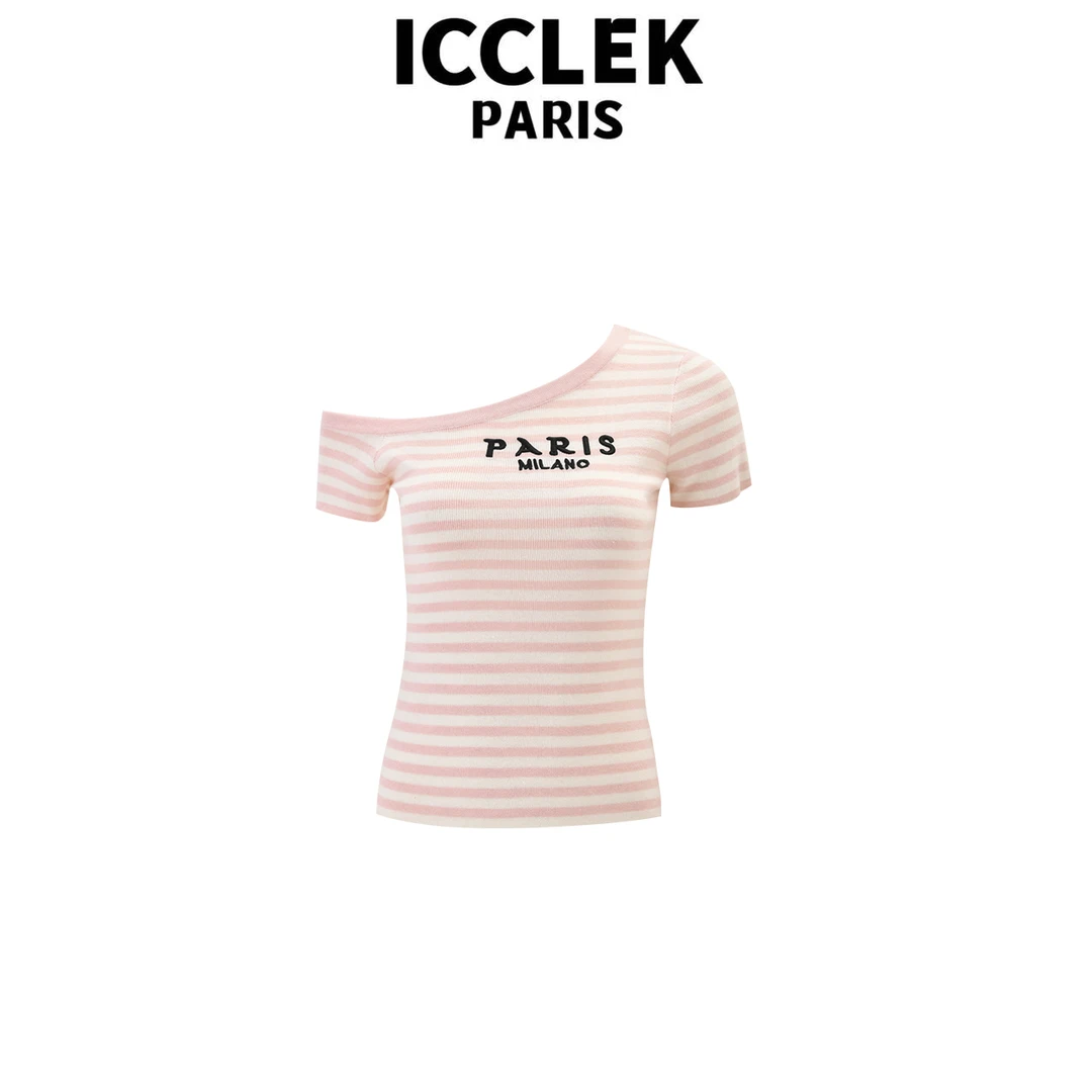 ICCLEK 粉色斜肩条纹字母短袖针织开衫粉色修身减龄气质上衣-5598