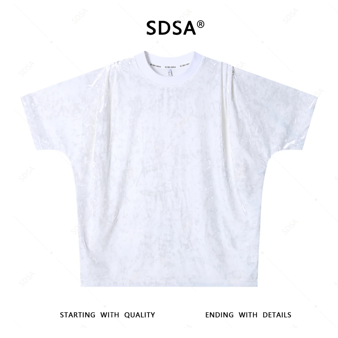 夏季高级感新款男士韩版绒面褶皱短袖T恤时尚百搭圆领简约上衣