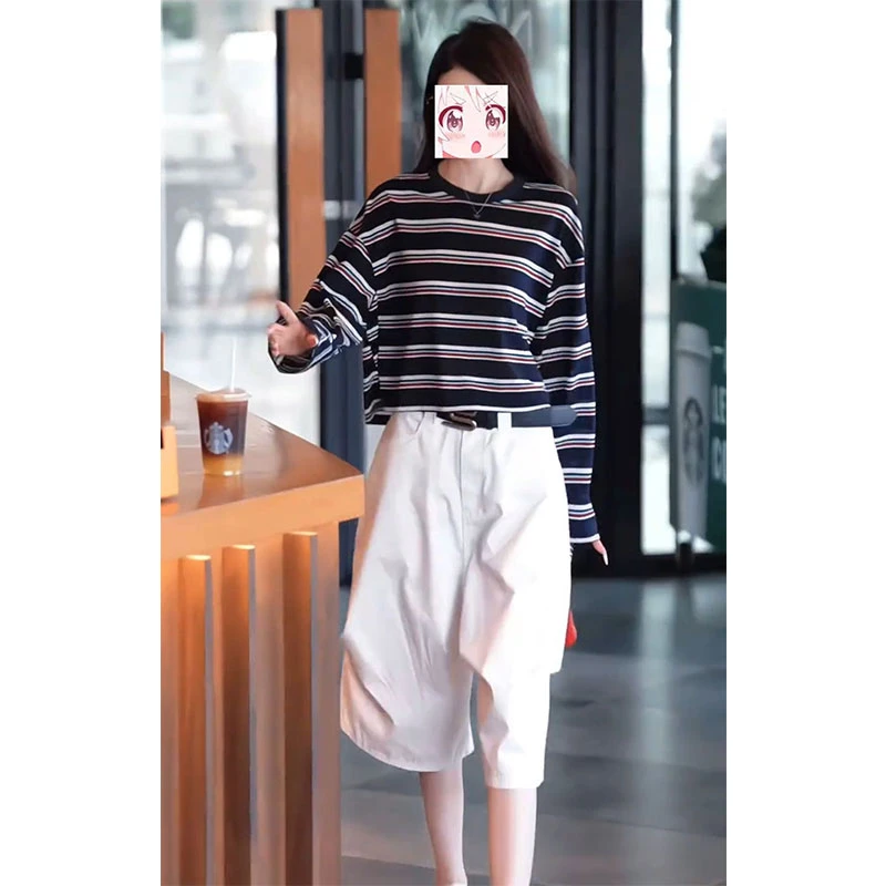 休闲风时尚宽松撞色条纹长袖T恤高级感个性六分裤子夏季潮流女装