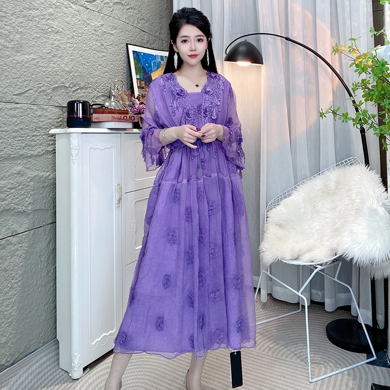 Bikamo/比卡陌早春新款长袖真丝刺绣连衣裙A字裙L8007-1紫色