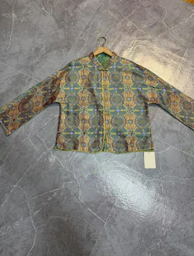 卡30057香云纱桑蚕丝长袖常规直襟立领提花上衣复古国风中式外套