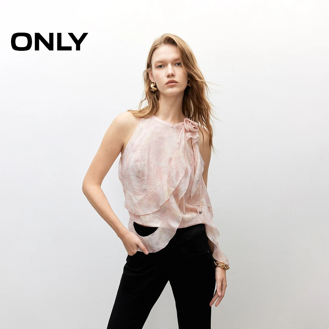 ONLY2025夏季新款设计感飘逸荷叶边削肩短款雪纺衫女|125241006