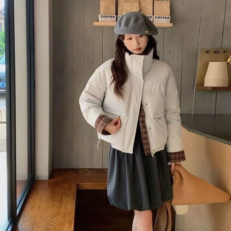 棉服女装立领短款外套冬季加厚保暖面包棉衣时尚百搭格子