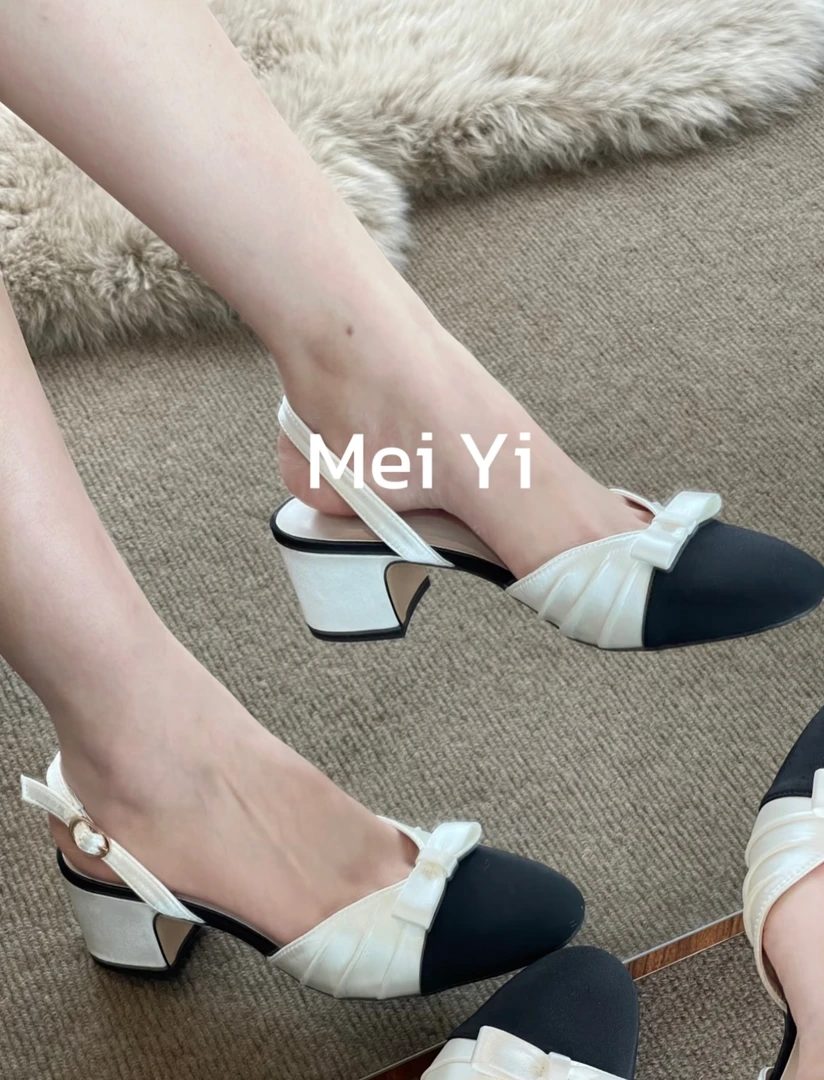 小香风蝴蝶结包头后空凉鞋女夏季2025新款法式一字带单鞋平底粗跟