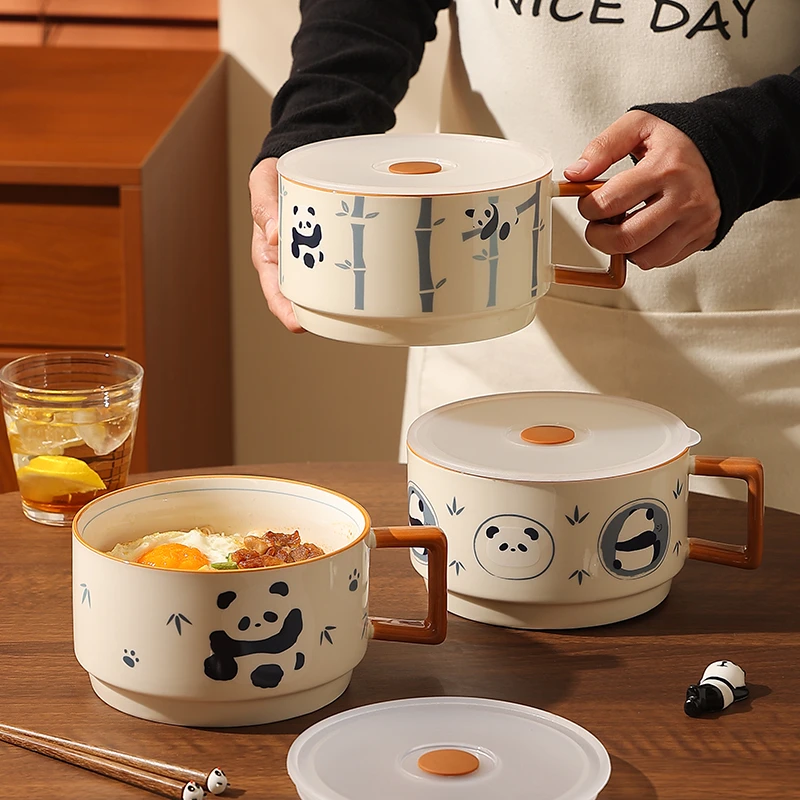 复古熊猫泡面碗带盖的陶瓷碗家用吃泡面专用碗密封手柄碗螺蛳粉碗