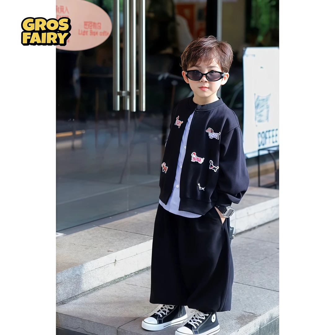 grosfairy男童春秋套装儿童韩版新款帅气时髦薄款假两件外套休闲