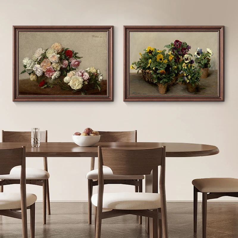 《三色堇与玫瑰》美式客厅装饰画横版花卉静物挂画方丹复古油画肌理