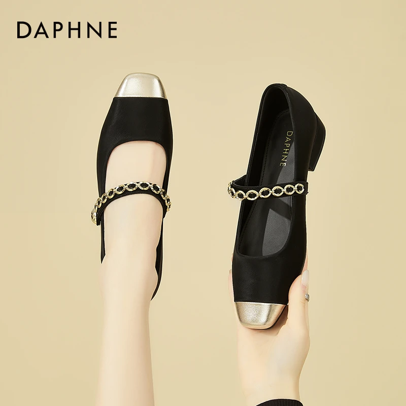 达芙妮浅口方头一字扣韩版玛丽珍鞋女春夏新款低跟久站不累脚单鞋