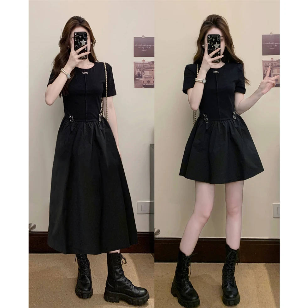 大码夏季新款胖MM设计感收腰显瘦级感黑色T恤A字连衣裙