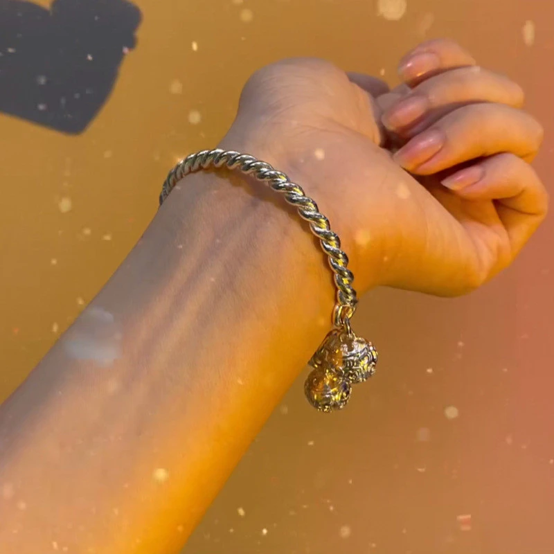 足银手镯 9999银百搭扭线双宫铃手镯女铃铛一步一响女生送闺轻奢