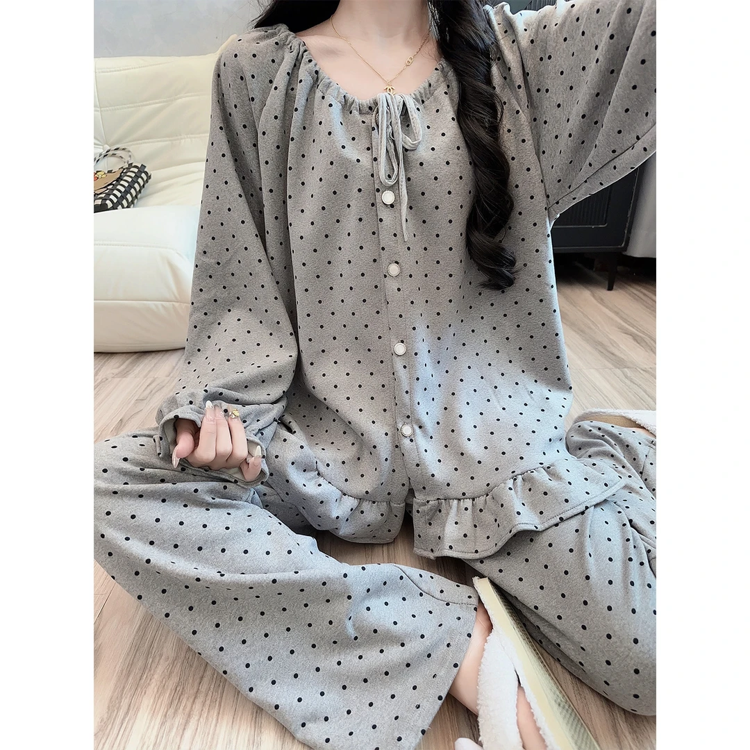 波点睡衣女秋冬保暖薄绒韩系休闲风新款冬天2025新款家居服套装