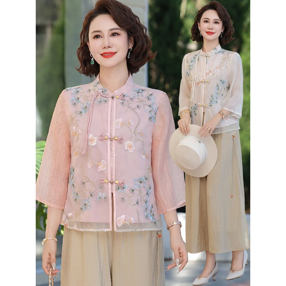 妈妈夏装新中式国风女套装2025新款中老年女装宽松洋气上衣两件套