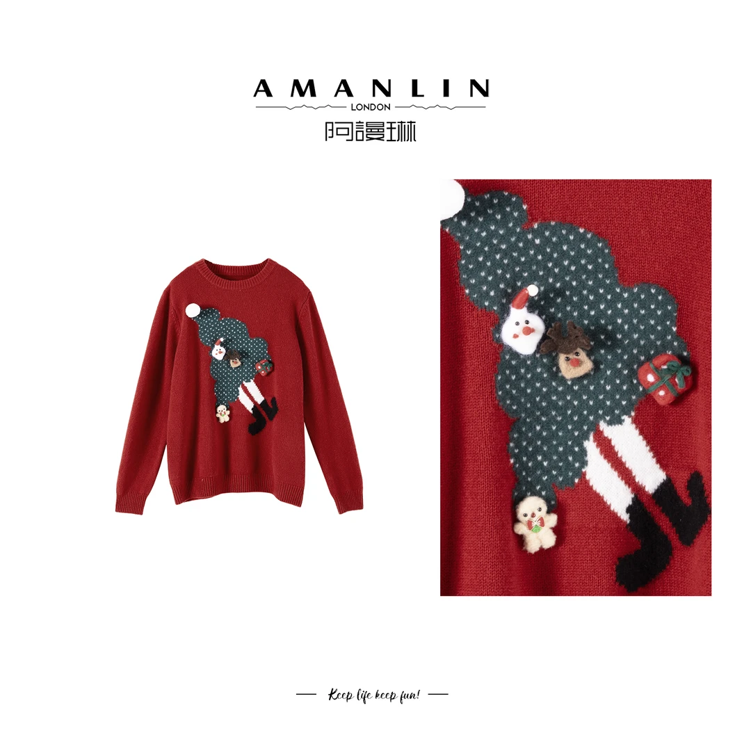 【AMANLIN】圣诞节红色百搭气质高级感圆领套头上衣毛衣女F595070
