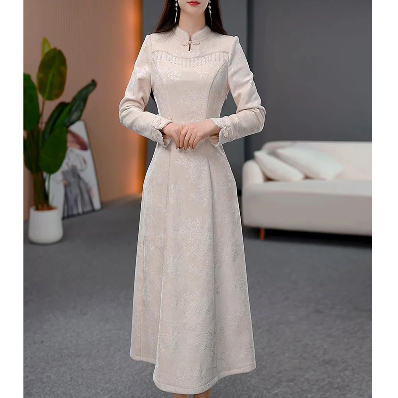 DBF-25A046AL 新中式轻奢高贵复古洋气优雅气质加厚连衣裙M-5XL