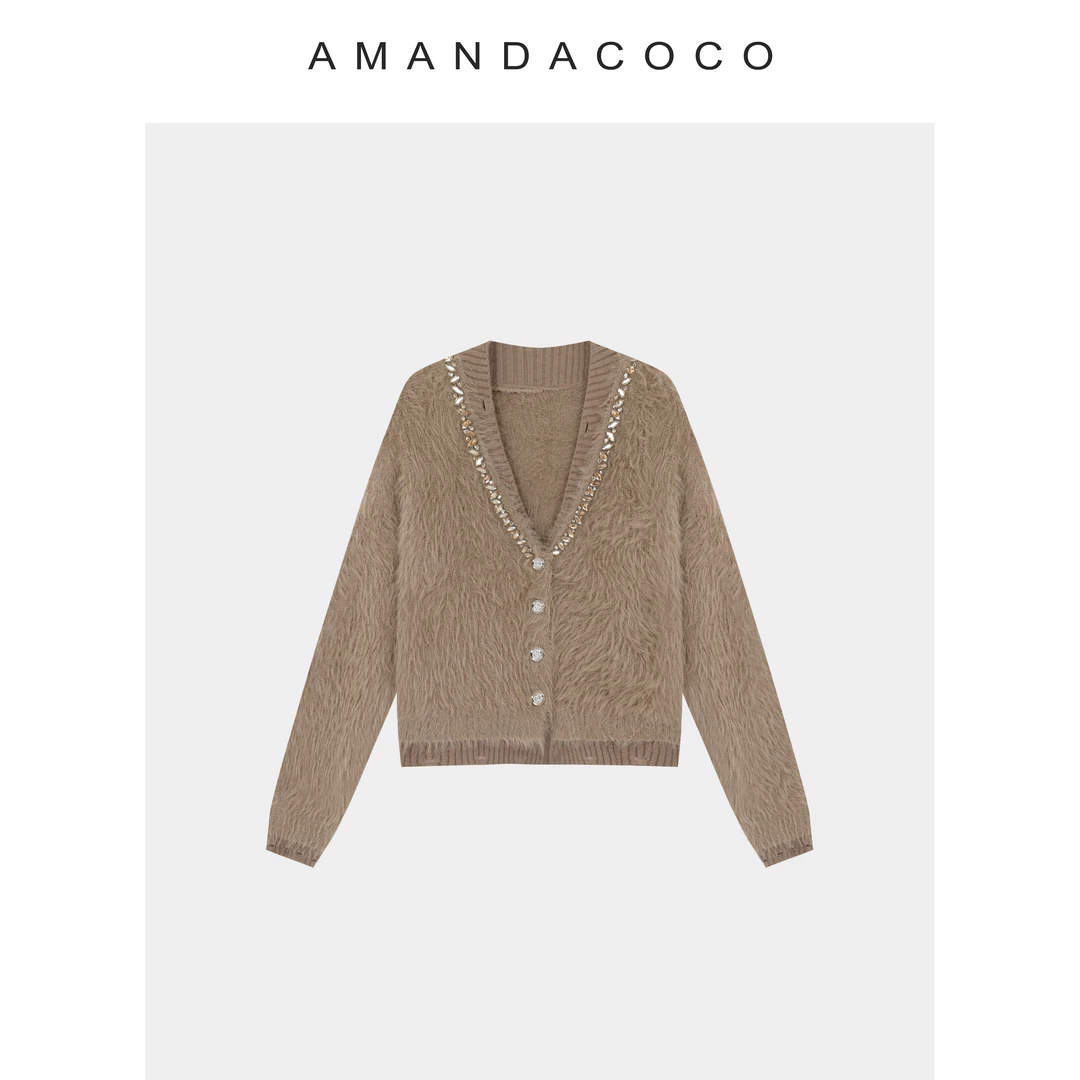 伦敦晨雾～25秋冬轻奢法式串钻v领绒感软糯气质针织衫