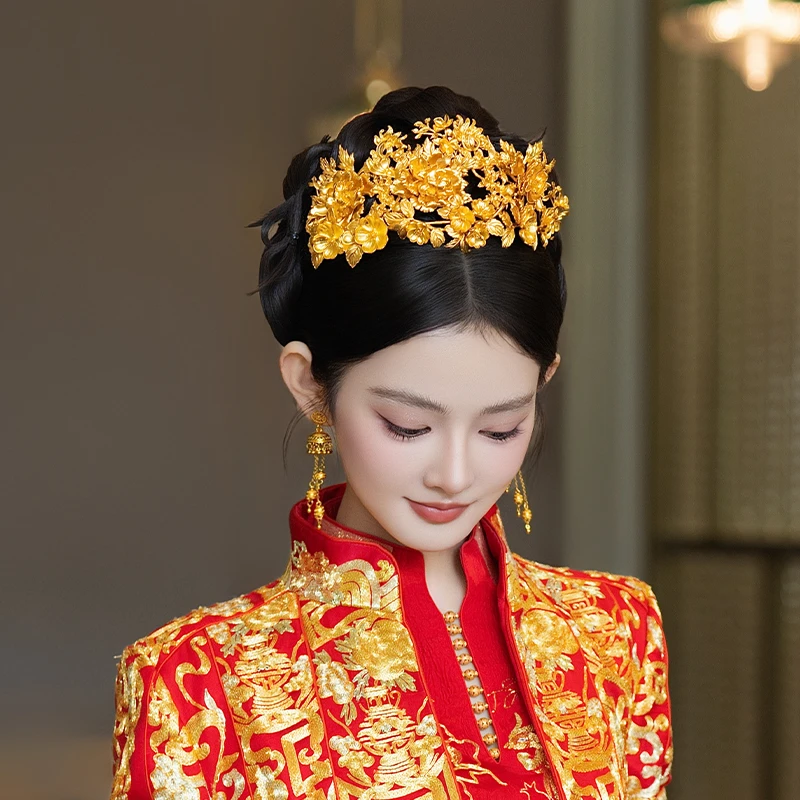 合金婚庆饰品 中式新娘高级造型金色发冠汉服富贵百搭头饰MT0204