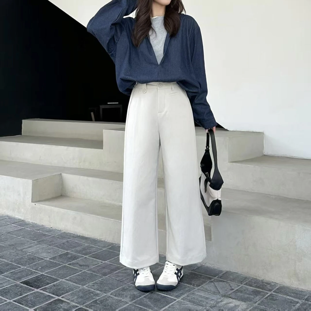 薇莎6843【现货】九分杏色半松紧腰阔腿休闲裤