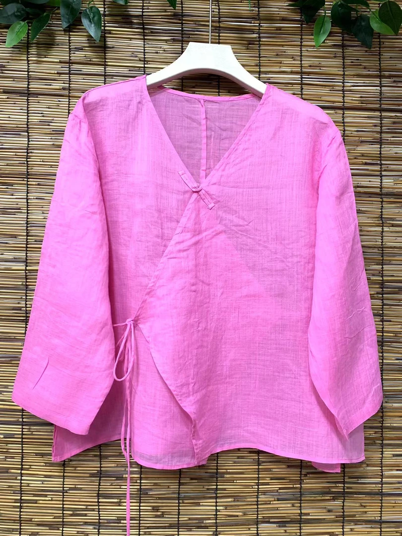 衣恋   纯苎麻100支斜襟盘扣小衫时尚休闲百搭
