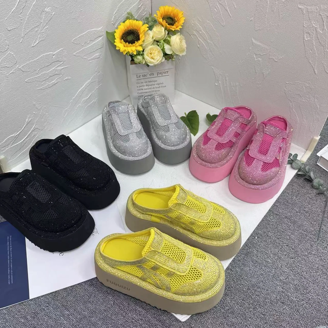 新款超轻松糕闪钻博啃半拖时尚百搭夏季透气厚底潮流网面松糕底