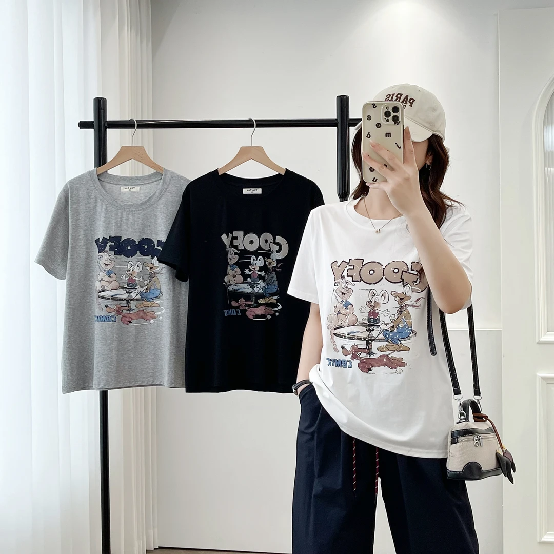 时尚显瘦休闲短袖t恤女夏季2025新款打底衫洋气大码女装印花上衣