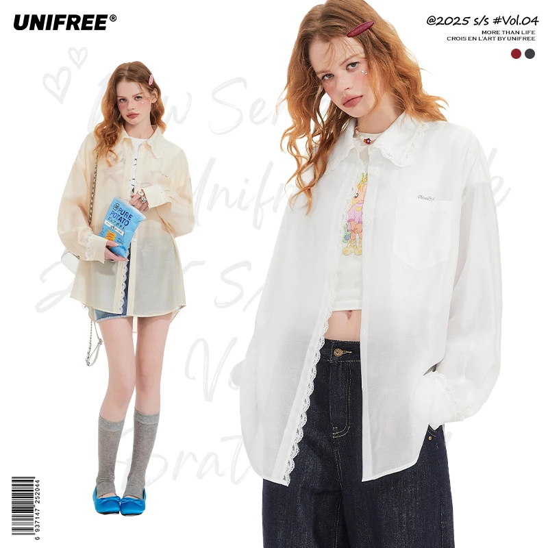 unifree【25年夏】天丝垂感衬衫蕾丝拼接宽松慵懒风薄款防晒衬衣