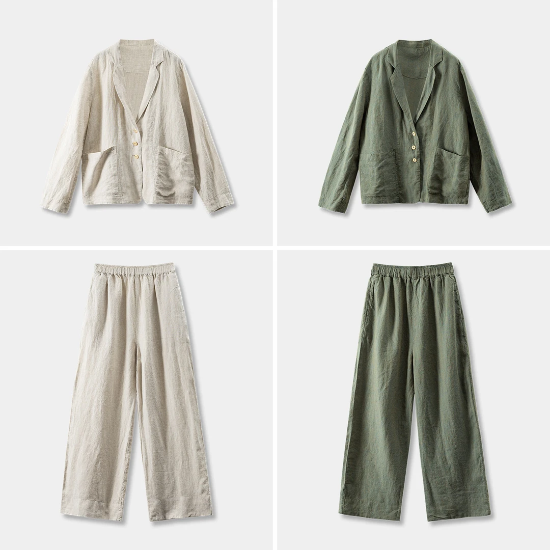 春天家 早春 随性通勤 法G色织100汉麻西装外套+长裤套装女64I1