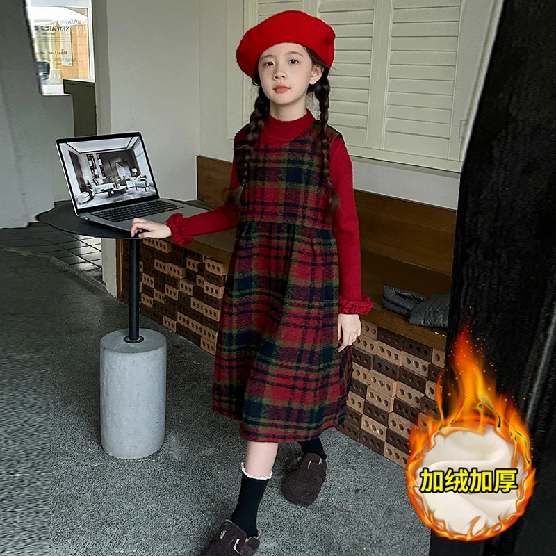 女童加绒连衣裙秋冬装年服新款儿童毛衣裙中大童小女孩格子裙套装