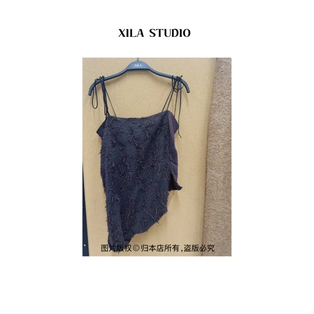 【XILA】香云纱100%桑蚕丝提花立裁吊带