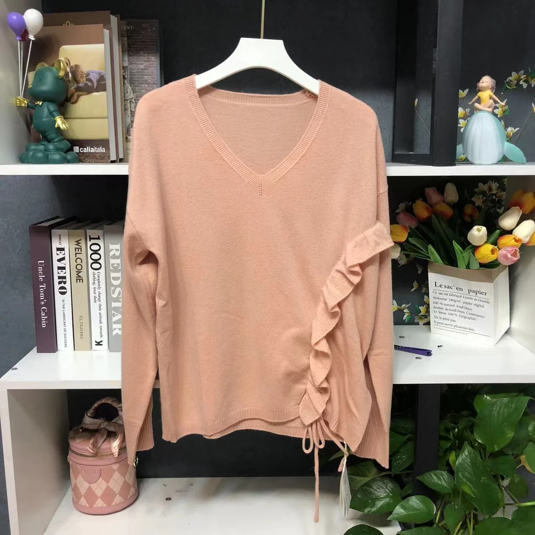 ML2213【品牌撤柜】时尚粉色V领抽绳荷叶边百搭毛衣