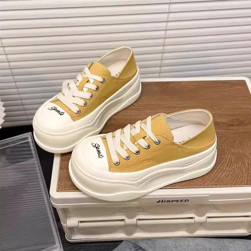 厚底两穿帆布鞋女2025春夏新款软底轻便小白鞋圆头系带大头休闲鞋