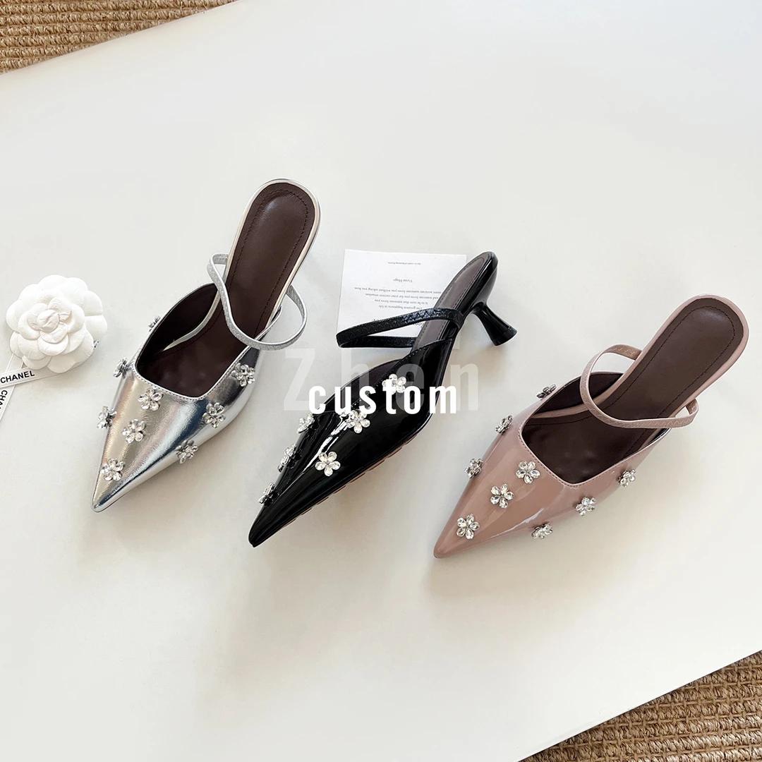 Lucky-花海-5.5CM杯状跟尖头厚底简约欧若风花朵包头软底高跟半拖