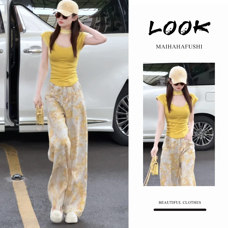 初夏一整套装女2025新款韩版纯欲辣妹风挂脖短袖高腰阔腿裤两件套