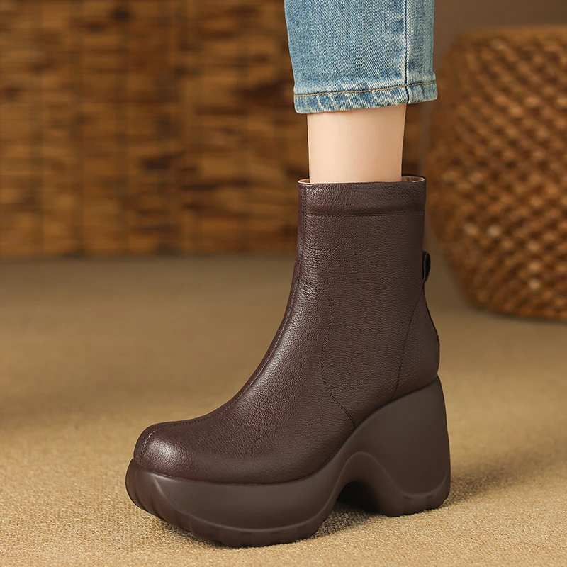 10cm增高不累脚软羊皮靴子女秋冬防滑厚底坡跟短靴真皮圆头马丁靴
