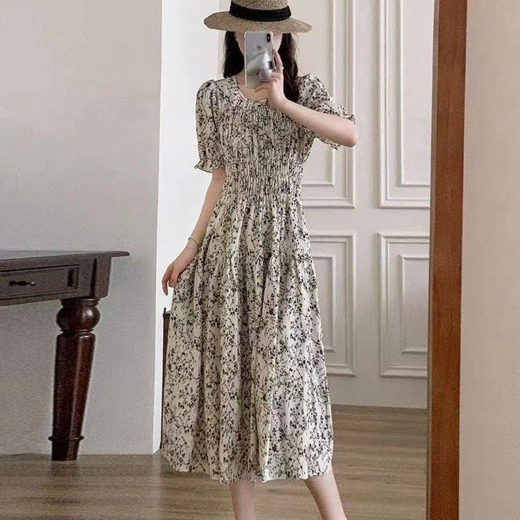 夏季时尚休闲松紧腰修身显瘦长款连衣裙妈妈装温柔长裙气质碎花裙