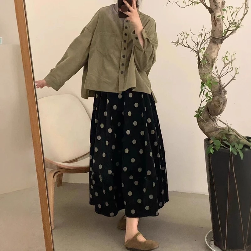 黑色圆点蓬蓬半身裙大码女装秋季a字胖mm显瘦波点中长款花苞裙子