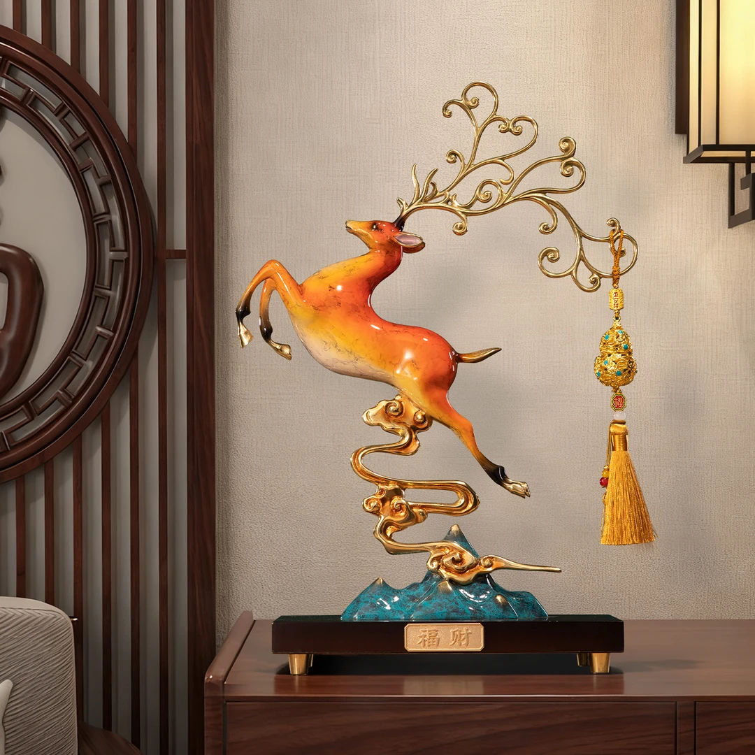 一路高升黄铜鹿摆件新中式办公室酒柜玄关装饰品乔迁开业高档礼物