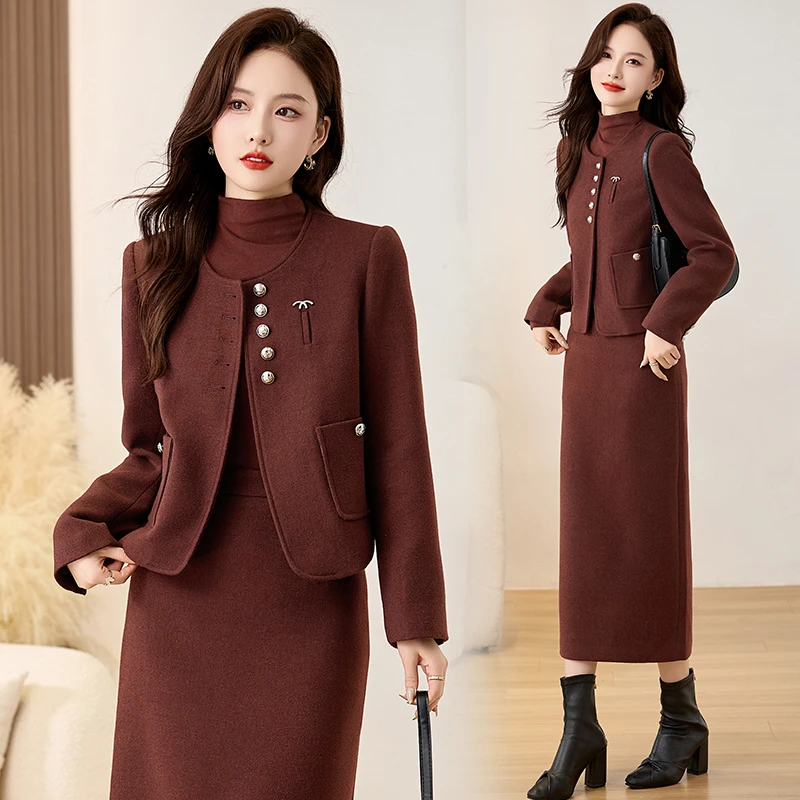 法式小香风毛呢套装裙女2024秋冬新款时尚气质名媛风半身裙三件套