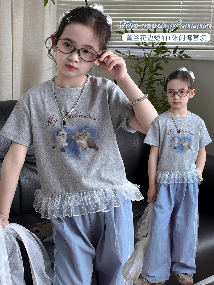 女童2025夏季新款儿童短袖T恤休闲裤子中大童洋气两件套25032304