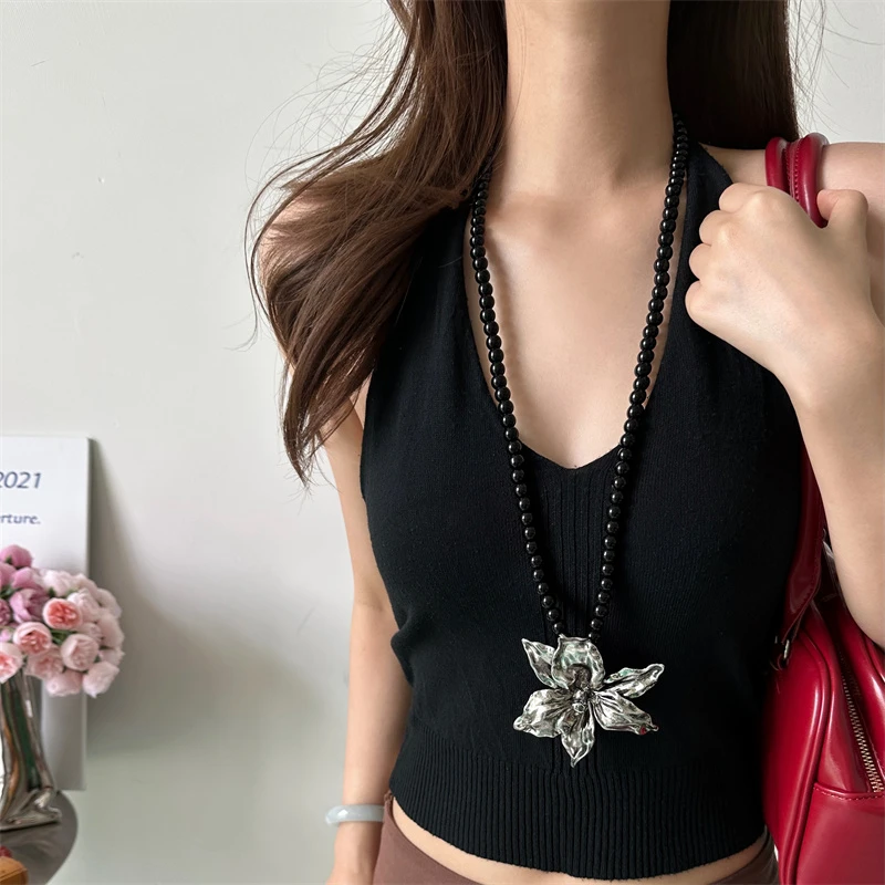 非金属亚克力项链 X5971-1复古时尚花朵珠珠项链长款个性百搭