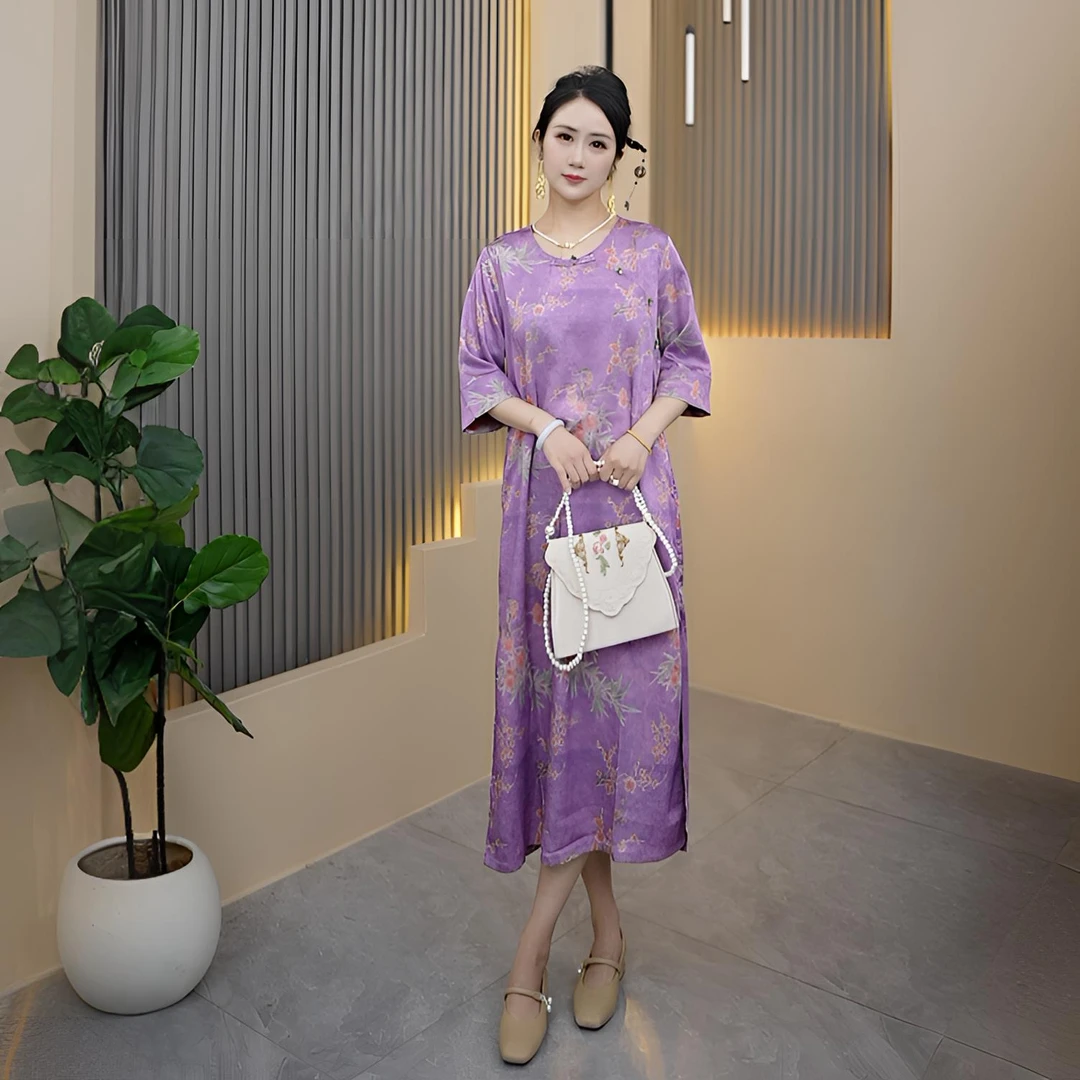 炫紫新中式连衣裙花萝新款百搭显瘦休闲长袖气质中长款中国风