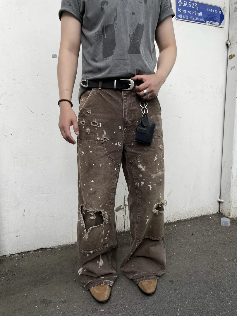 7HILL 25ss  复古水洗破坏成衣染双膝伐木工装裤