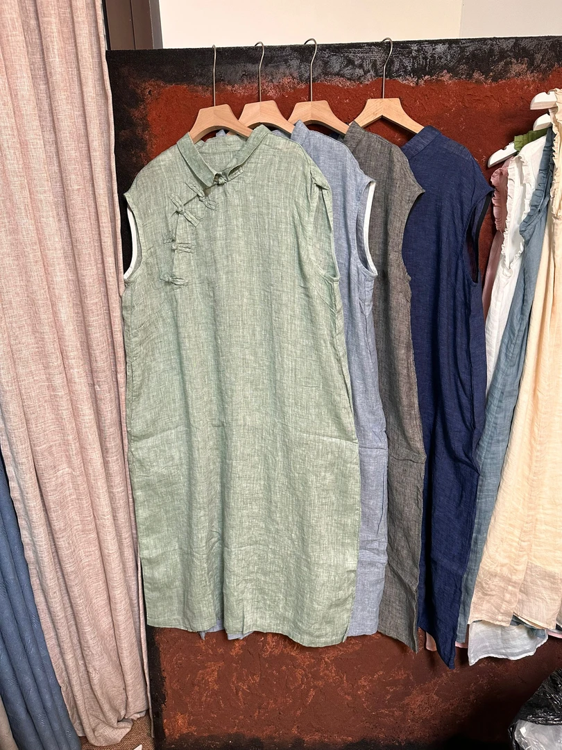 长裙A字裙夏季纯色连衣裙时尚宽松中国风无袖旗袍胸围128衣长120