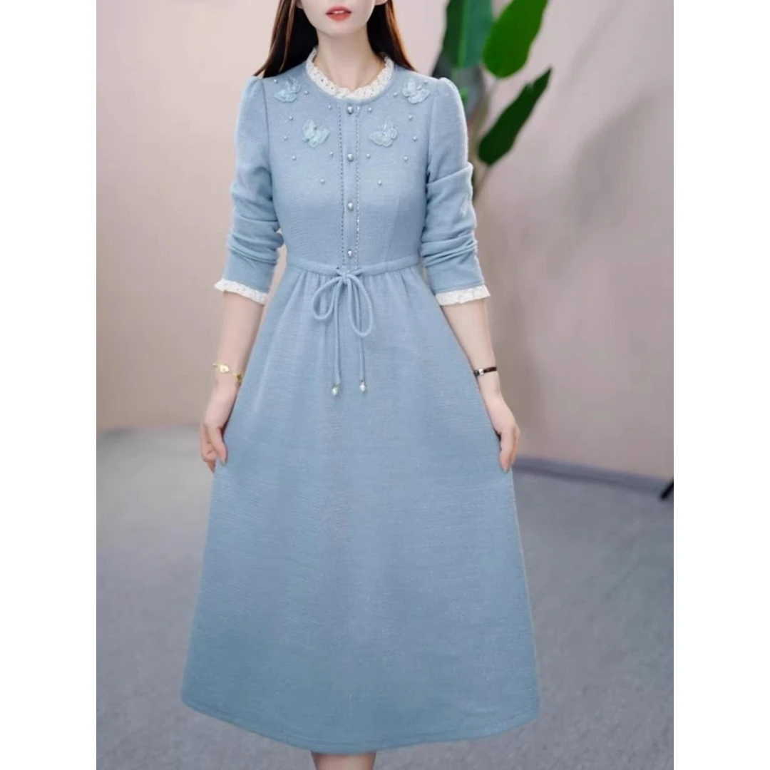 气质连衣裙秋冬季新款收腰通勤风系带a字裙5016