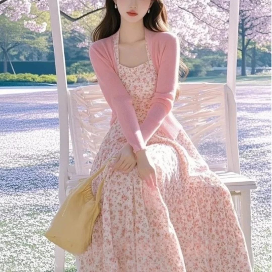 2025春季新款ootd一整套女粉色开衫上衣温柔风碎花挂脖连衣裙女装