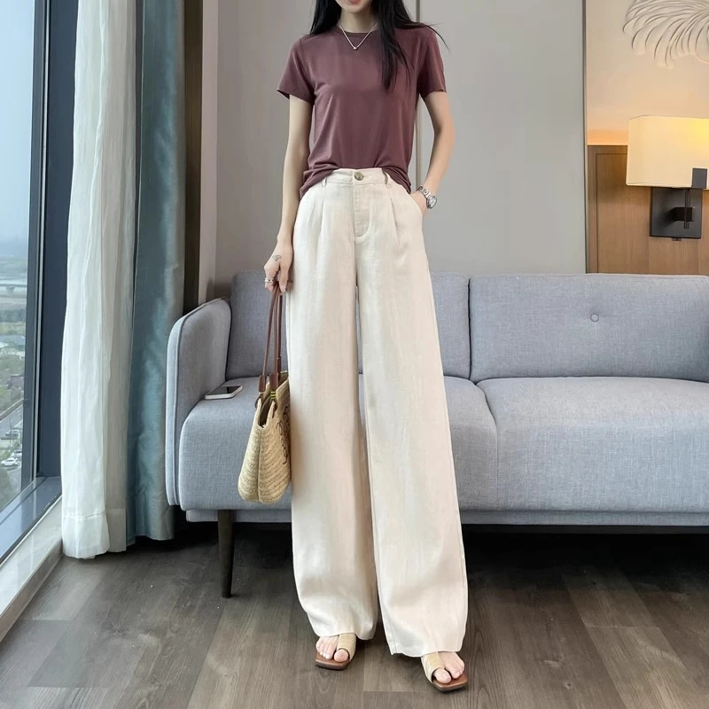 高端垂顺休闲裤女宽松高腰直筒裤夏天薄款新款不皱天丝亚麻阔腿裤