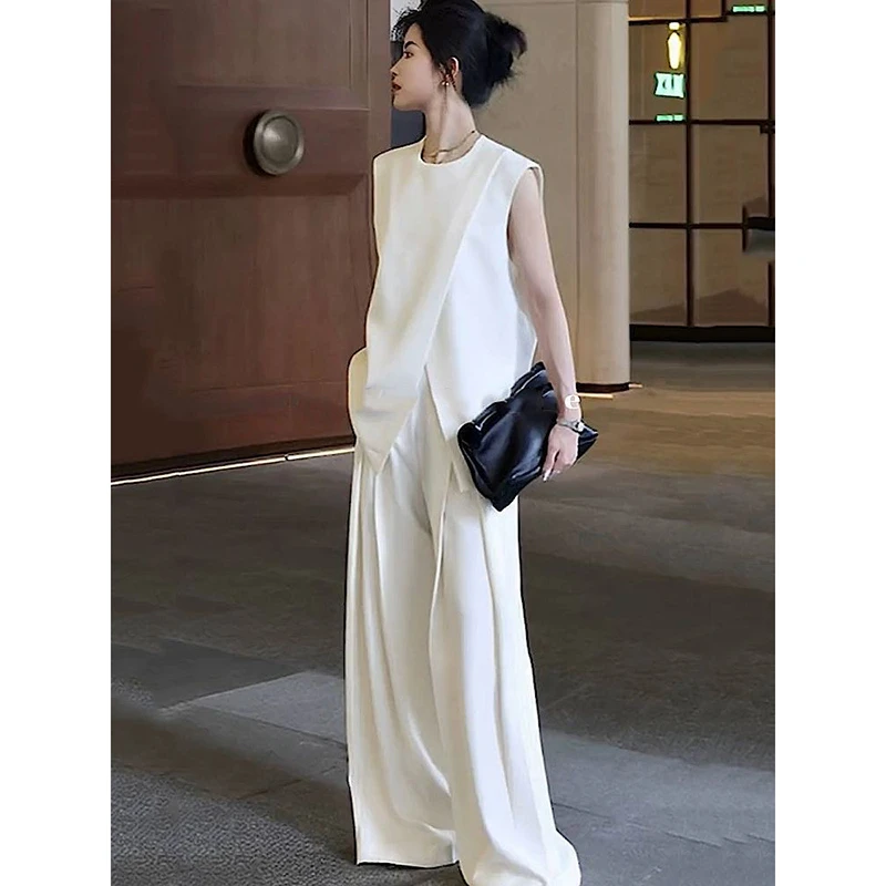 欧货时尚套装女2025年夏季新款洋气收腰显瘦无袖上衣+宽松直筒裤