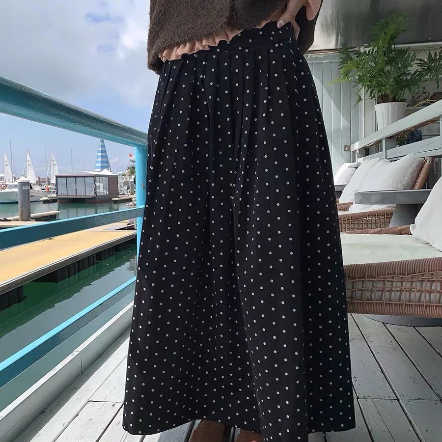 轻法风复古波点高腰A字百褶半身裙秋冬新款赫本风优雅中长伞裙女